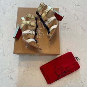 NWT ❤️ Christian Louboutin Rocknbuckle 85mm Sandal Size 37 in Gold/White/Blues